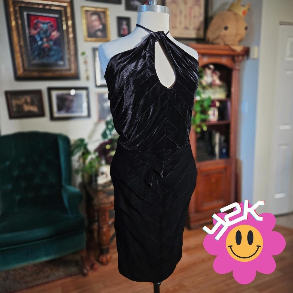 Tadashi Shoji Velvet Dress Black Vintage Y2K Halter Bodycon Cocktail Evening